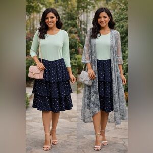 LULAROE Mint Green duster with Navy Polka Dot Tiered  Dress